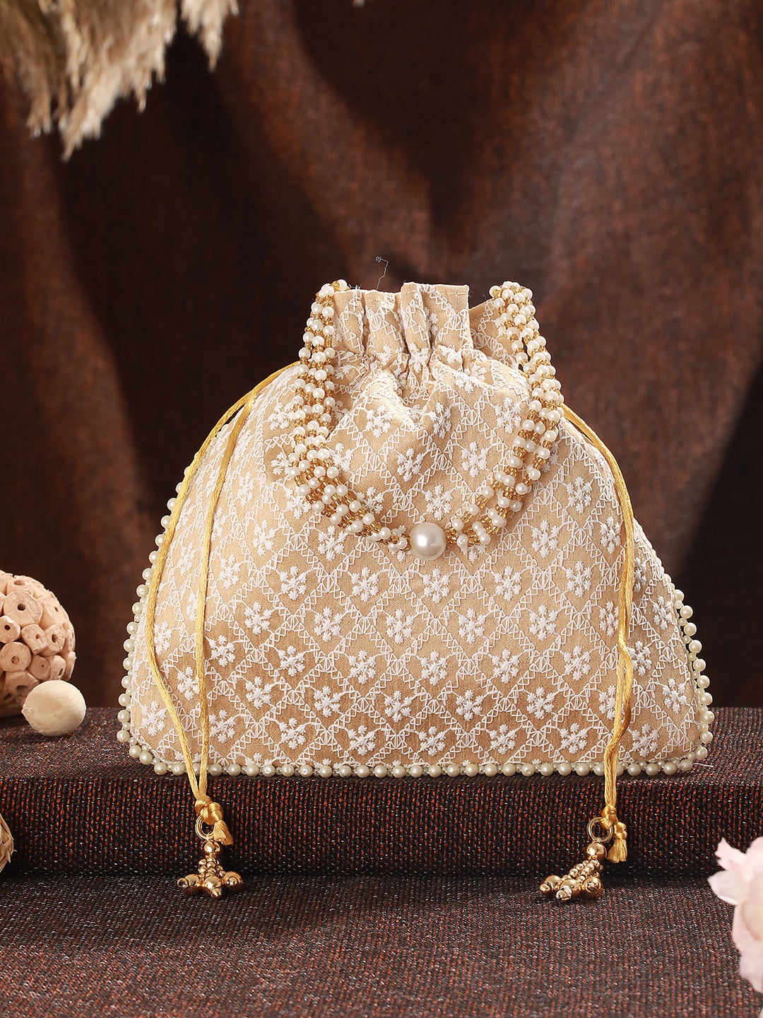 Jazz And Sizzle Beige & Gold-Toned Chikan Embroidered Work Potli Clutch