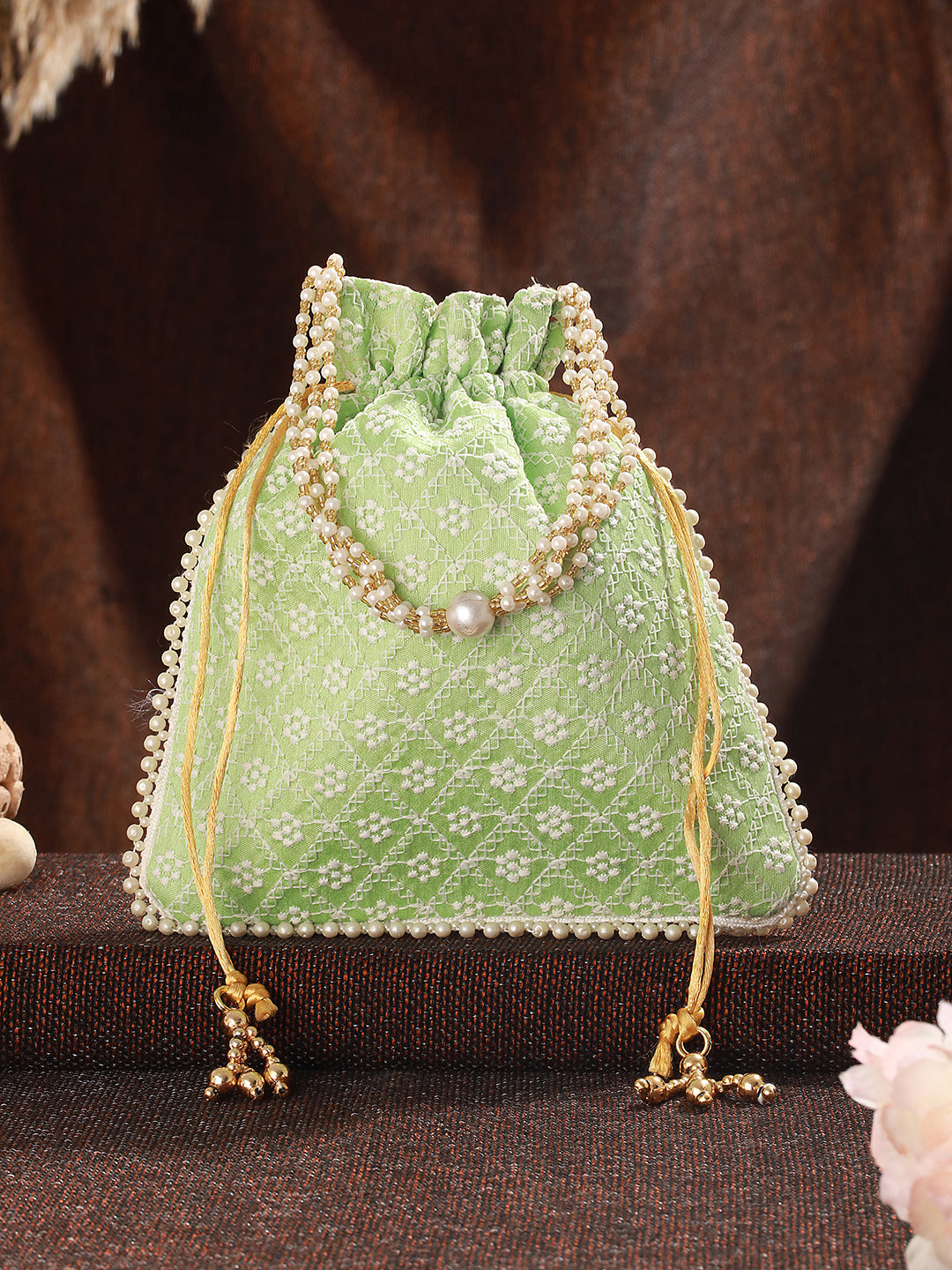 Jazz And Sizzle Green & Gold-Toned Chikan Embroidered Work Potli Clutch