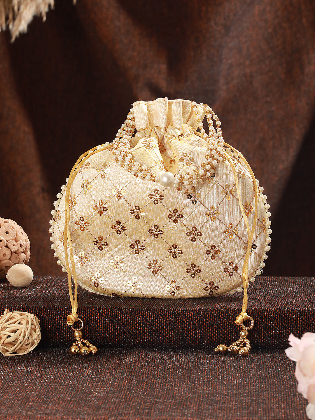 Gold-Coloured & Gold Booti Embellished Potli Clutch
