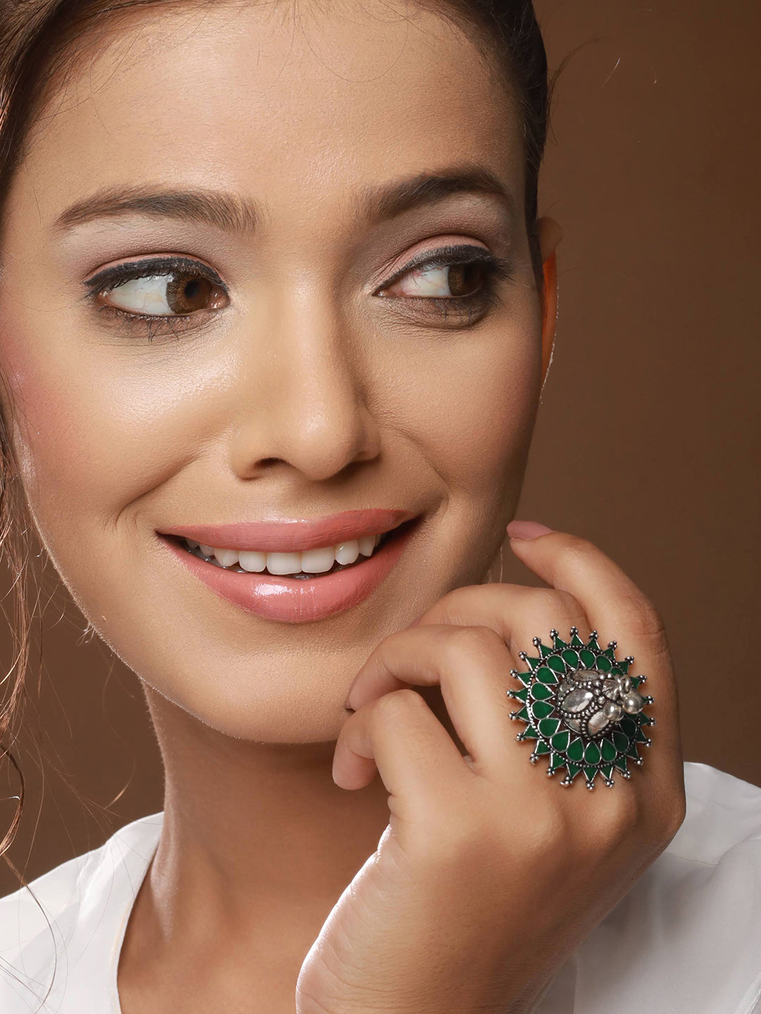 Silver-Plated Green Stone Studded& Ghungroo Finger Ring