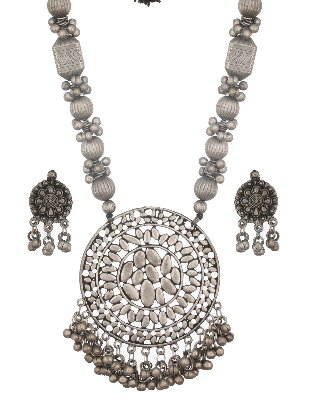Jazz and Sizzle Silver-Plated Artificial Stone Studded & Beaded Textured Jewellery Set
