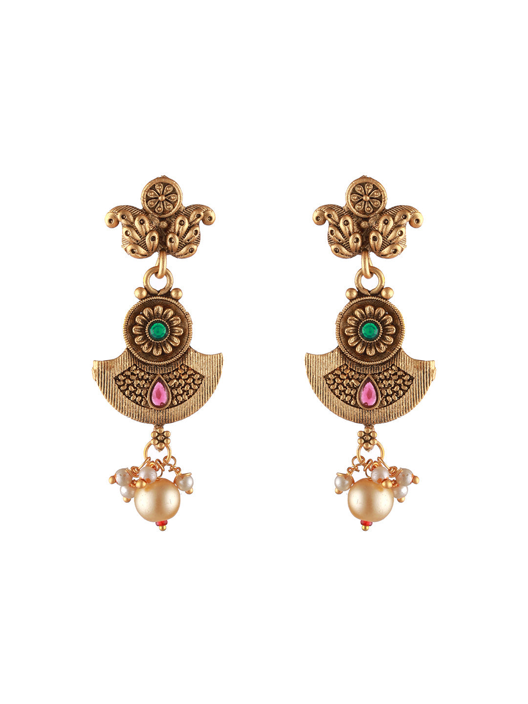 Gold-Plated Red & Green Stone Studded & Pearl Drop Handcrafted Jewellery Set