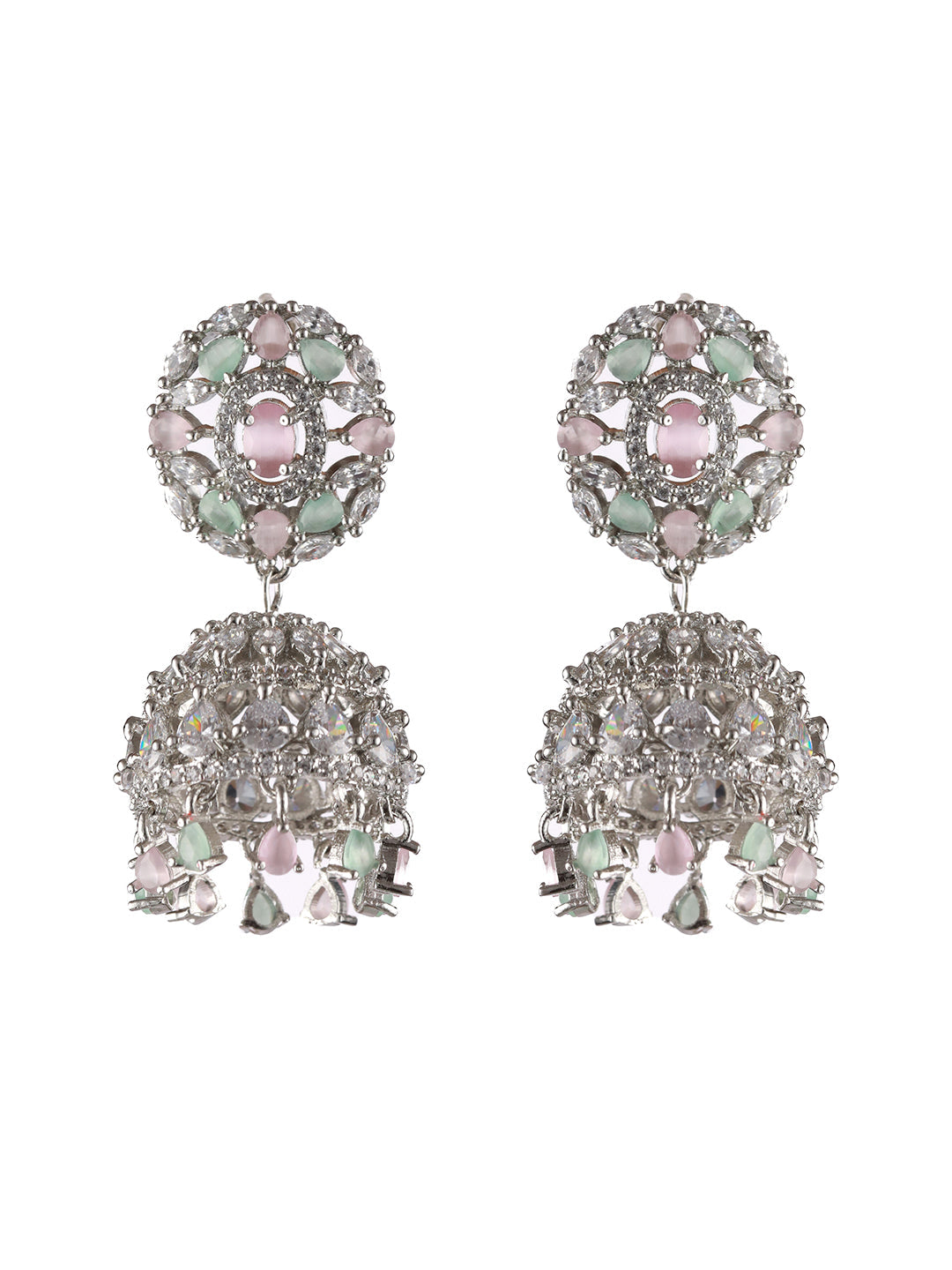 Silver Plated Pink & Mint Green American Diamond Studded Handcrafted Necklace Set With Maangtikka