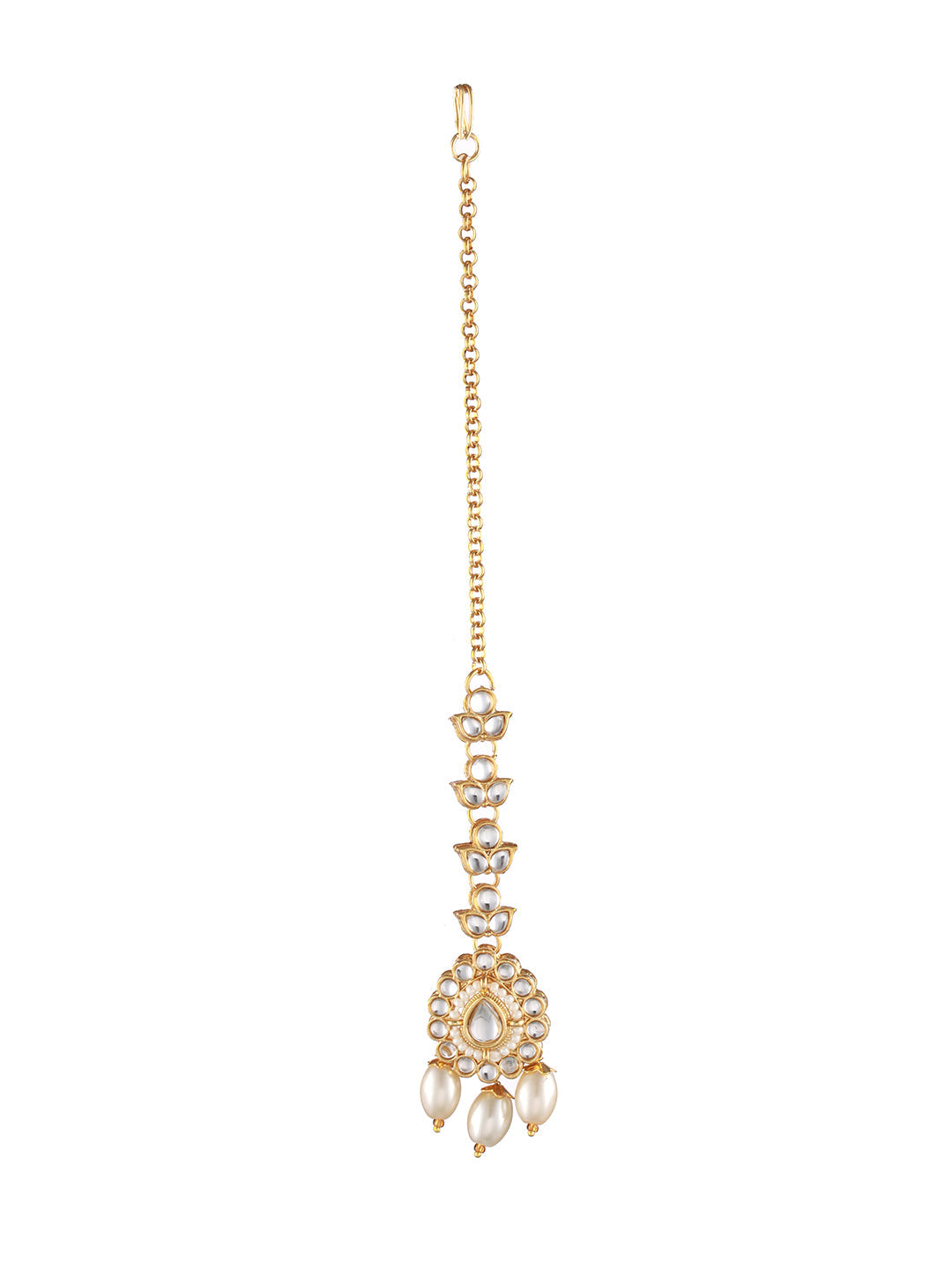 Gold-Plated White Kundan Studded & Beaded Choker Jewellery Set With Maangtikka
