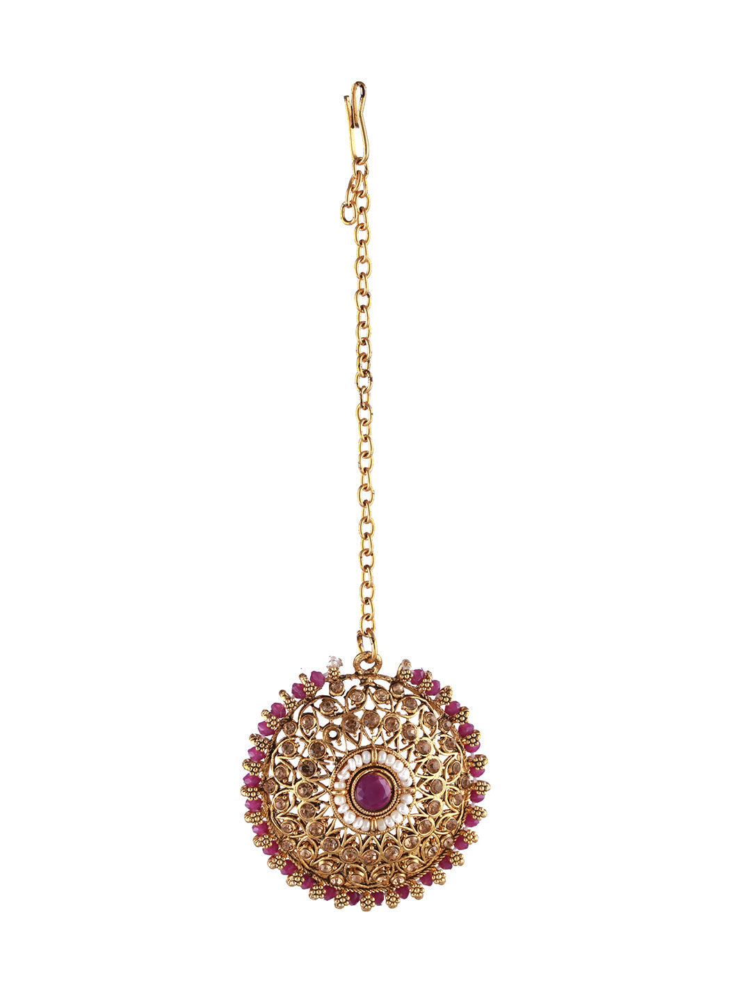 Gold-Plated Purple & White Kundan Studded & Beaded Choker Jewellery Set With Maangtikka