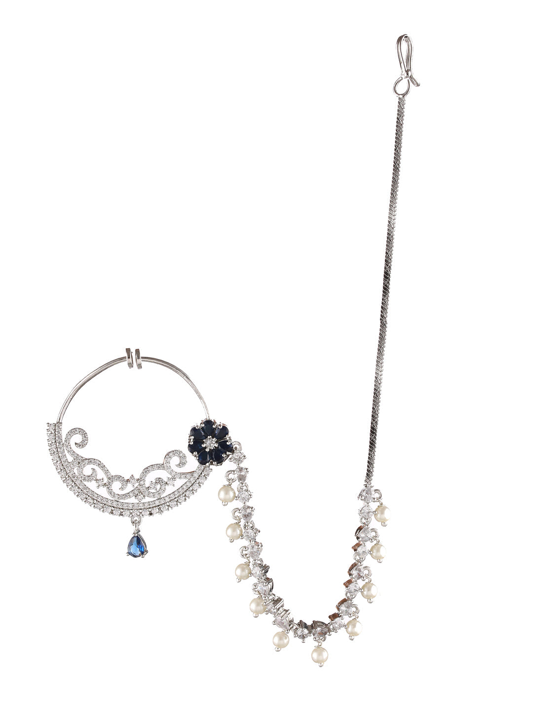 Silver Plated Blue Floral American Diamond Studded Handcrafted Nose Ring With Pearl Drop Chain