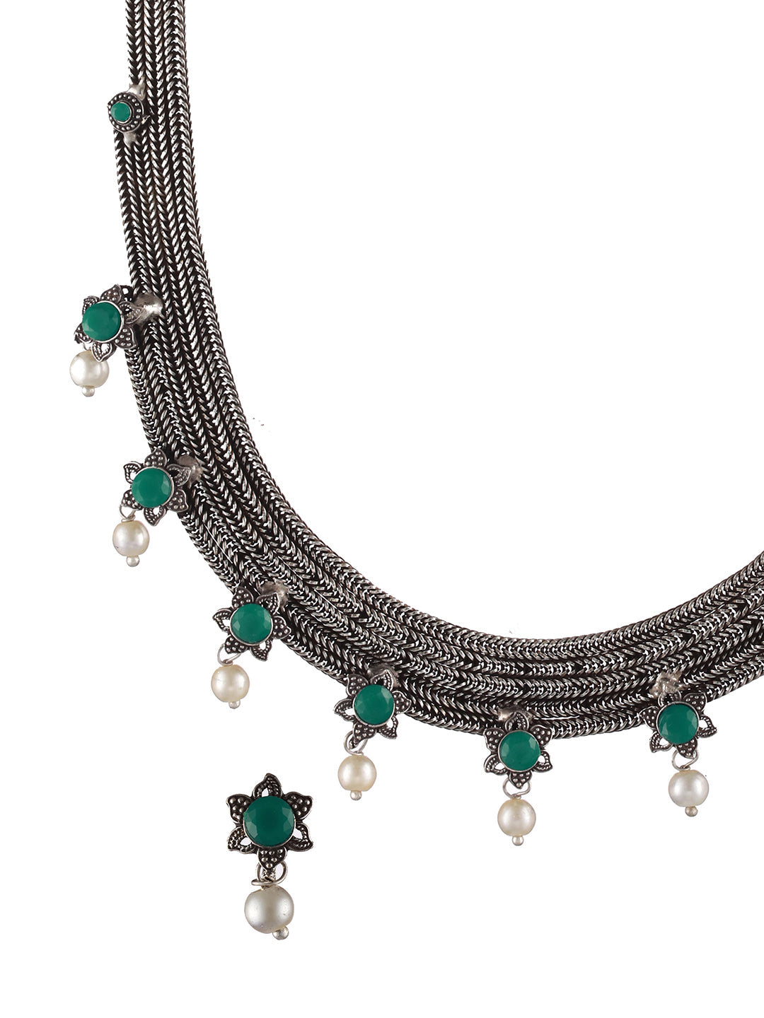 Oxidised Silver-Tone Green Stone Studded & Pearl Beaded Jewellery Set
