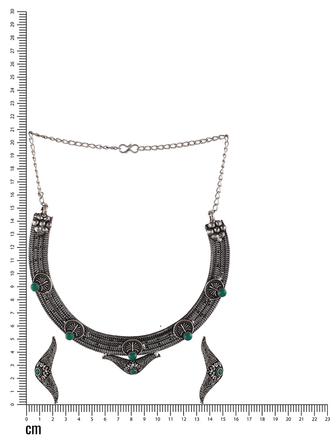 Oxidised Silver-Tone Green Stone Studded Filgree Jewellery Set