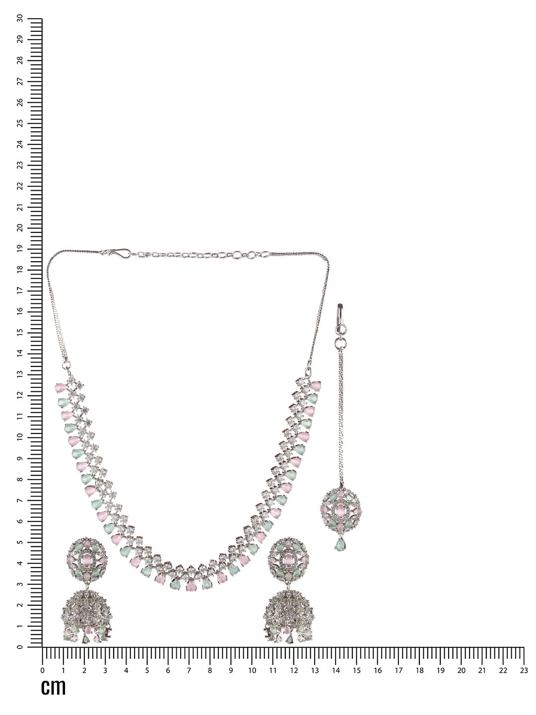 Silver Plated Pink & Mint Green American Diamond Studded Handcrafted Necklace Set With Maangtikka
