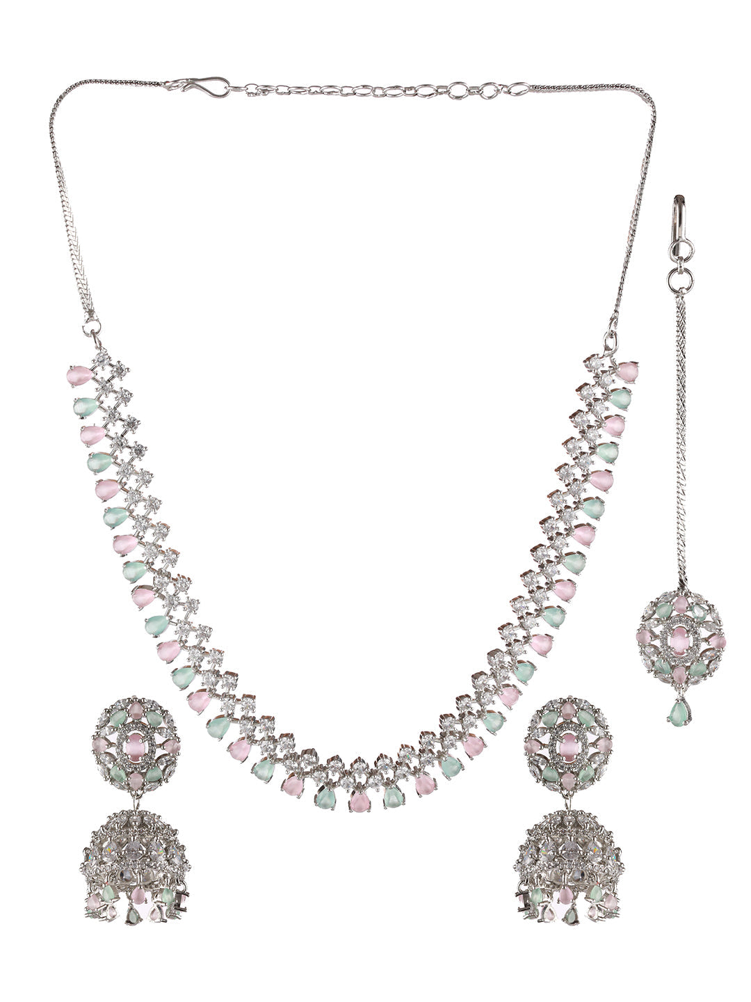 Silver Plated Pink & Mint Green American Diamond Studded Handcrafted Necklace Set With Maangtikka