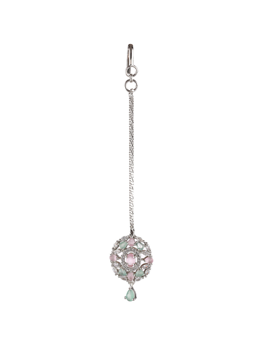 Silver Plated Pink & Mint Green American Diamond Studded Handcrafted Necklace Set With Maangtikka