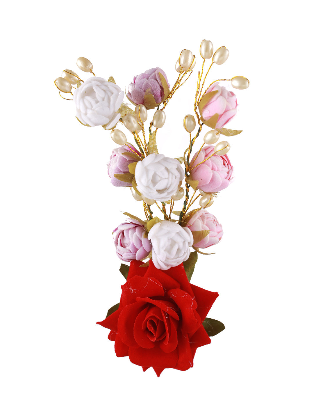 Women Red Rose Wth White & Mauve Embellished Artificial Flower & Pearl Beaded Gajra Designed Hair Pin