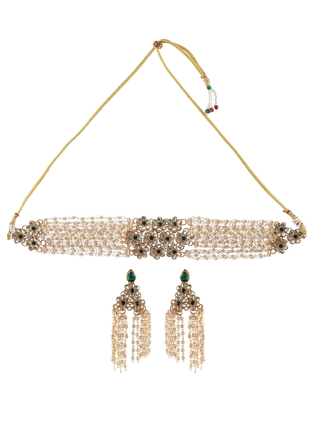 Gold-Plated Green Kundan Studded & Pearl Beaded Multilayered Choker Jewellery Set