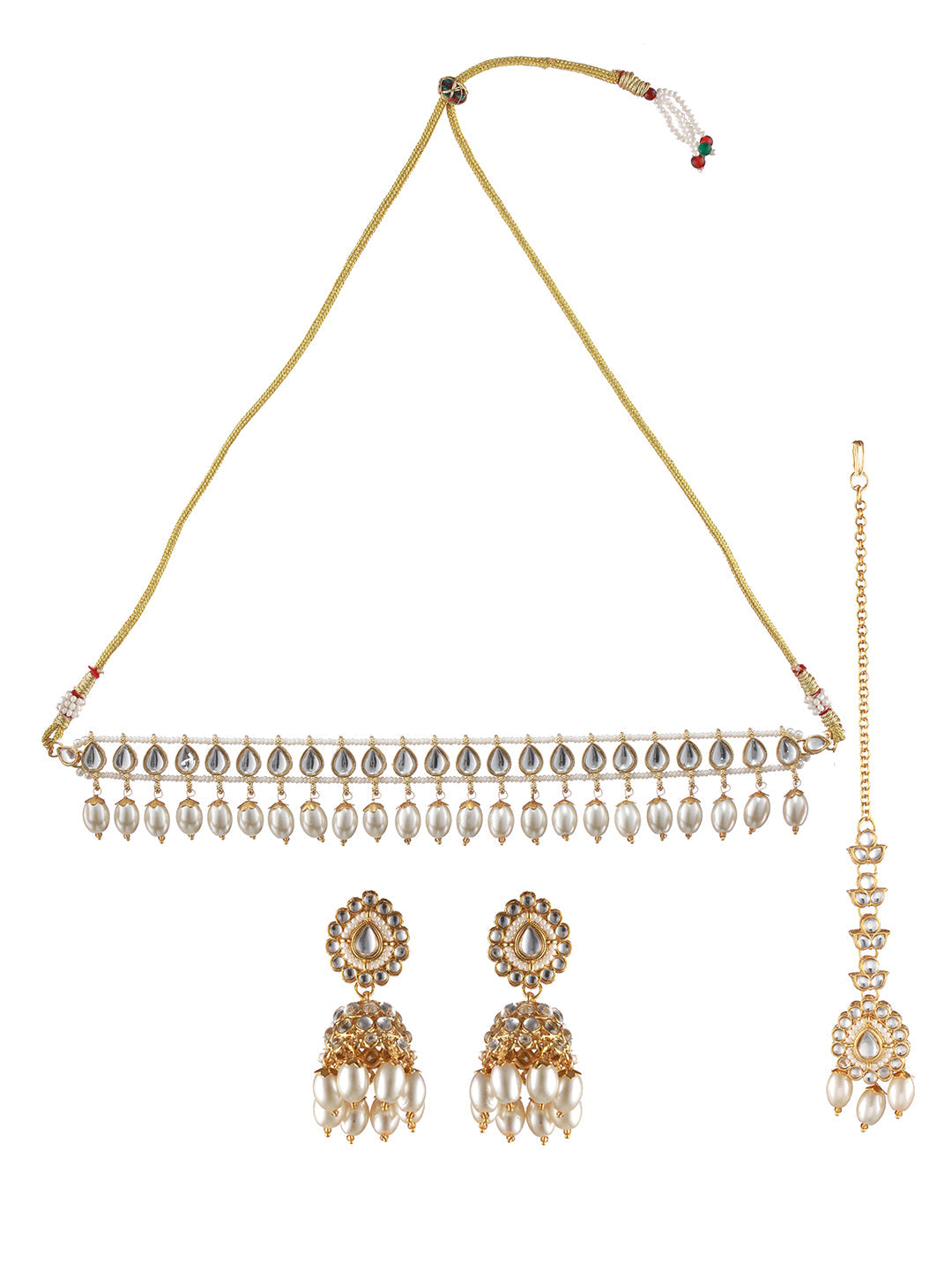 Gold-Plated White Kundan Studded & Beaded Choker Jewellery Set With Maangtikka