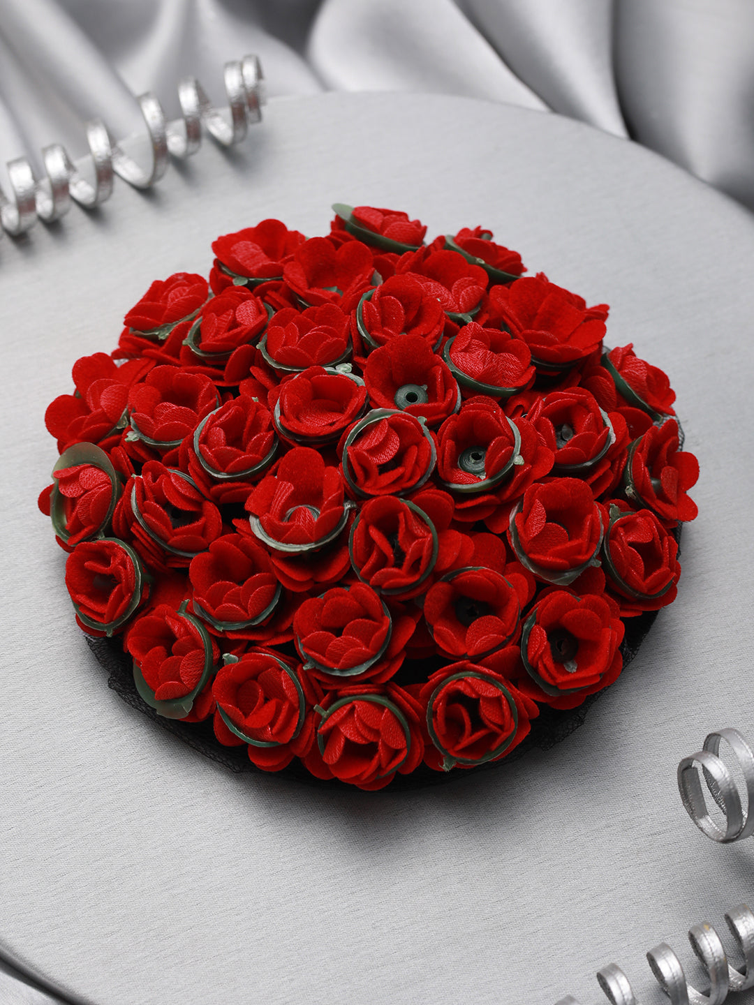 Women Red Rose Artificial Flower Juda Gajra Designed Hair Bun Cover