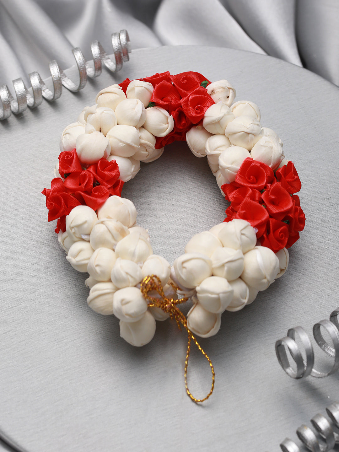 Women Red Rose & White Mogra Artificial Flower Gajra Floral Hair Bun