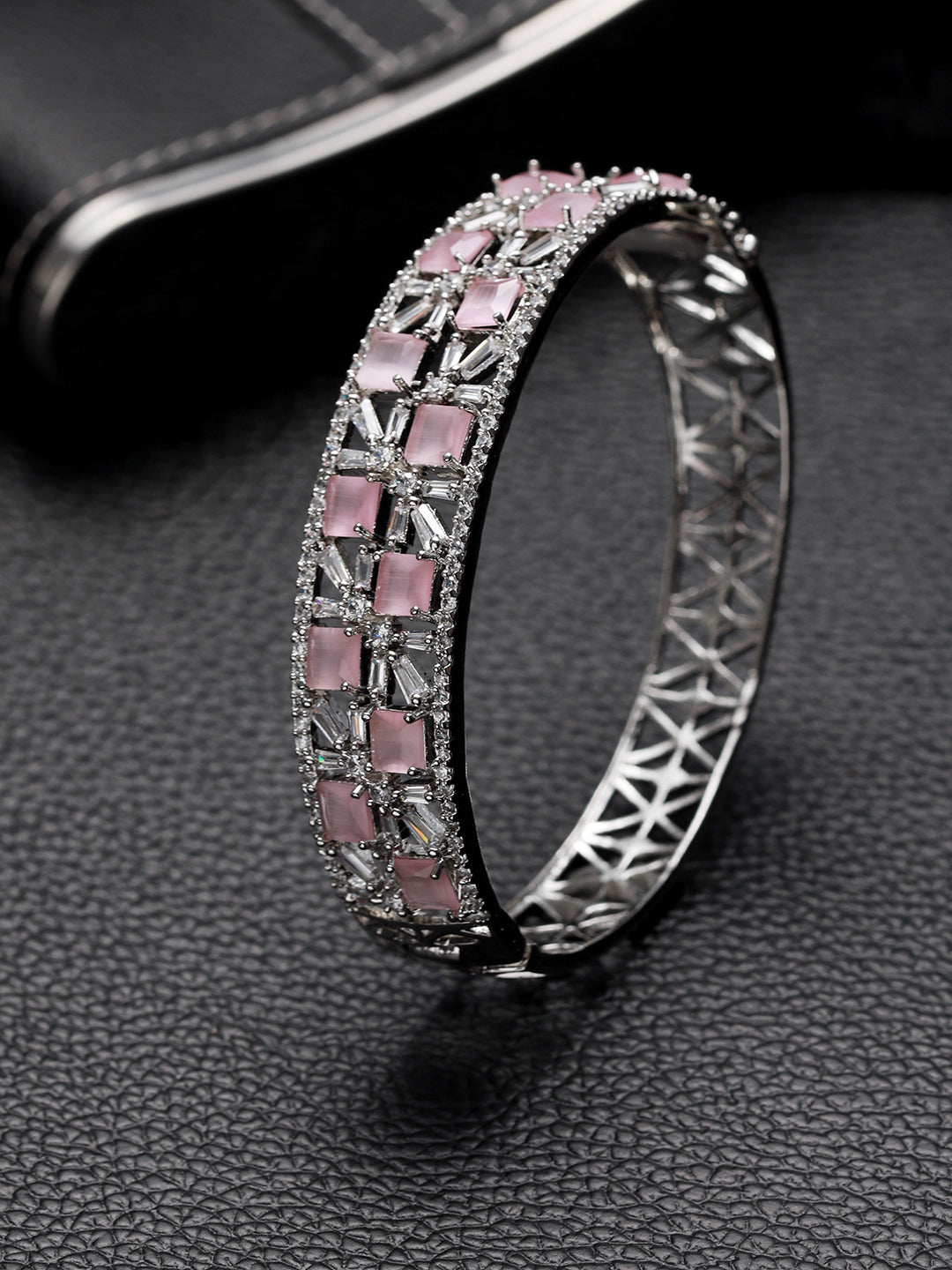 Silver Plated Pink American Diamond Studded Handcrafted Bangle Style Bracelet