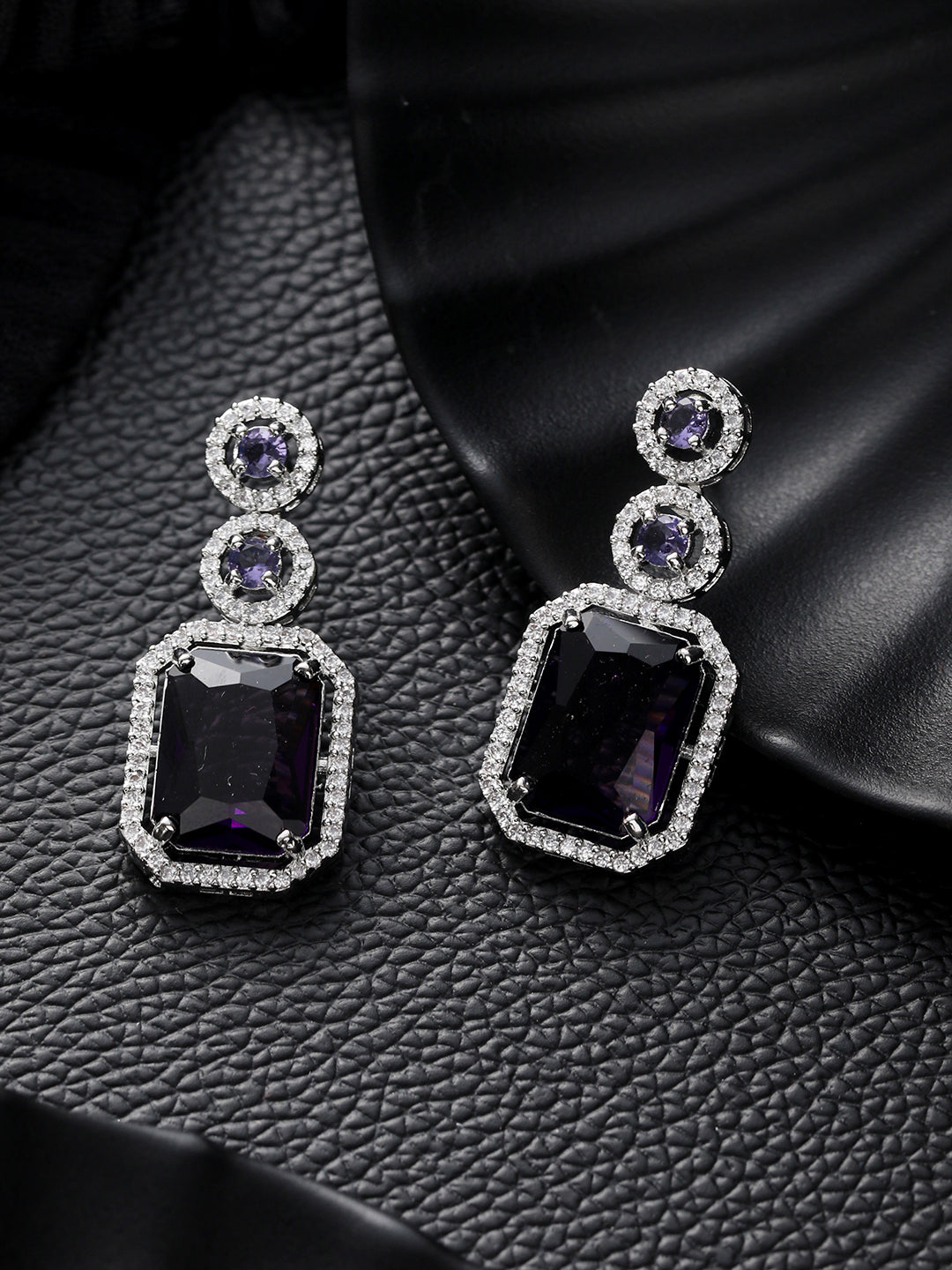 Silver Plated Purple American Diamond Studded Drop Earrings