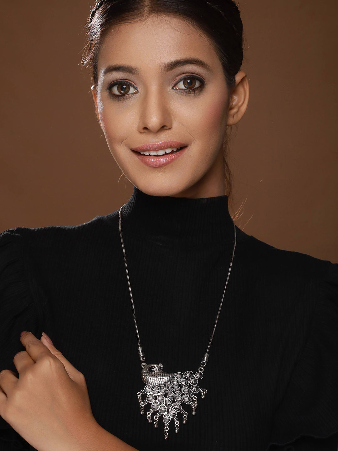 Silver Plated Peacock Shaped Oxidised Necklace