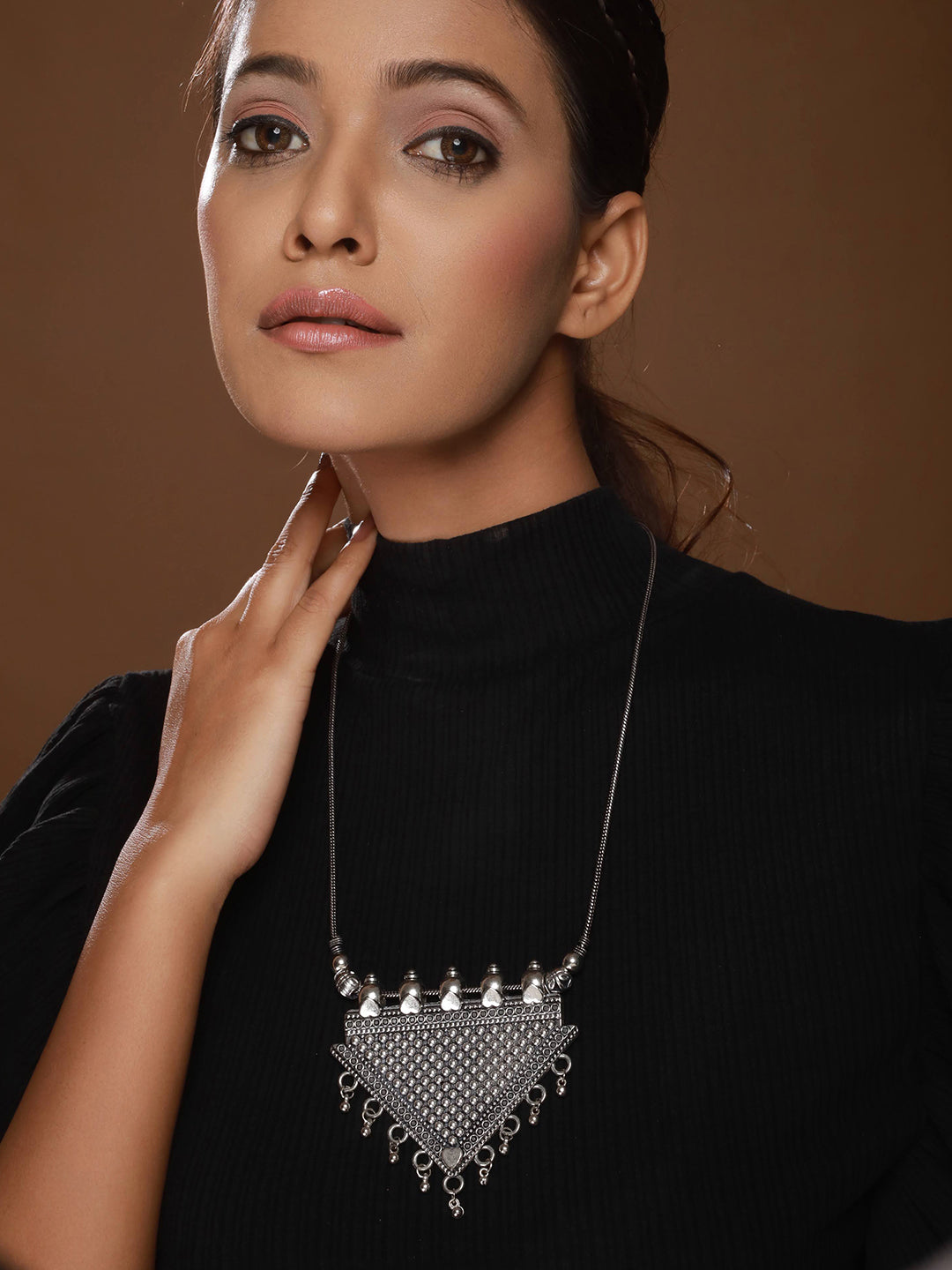 Silver Plated Triangle Shaped Oxidised Necklace