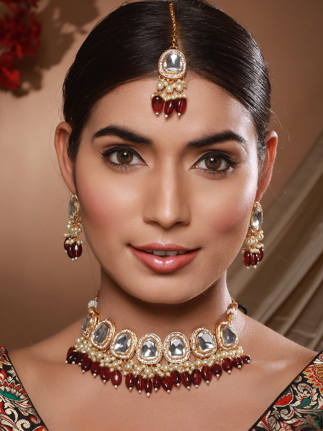 Jazz And Sizzle Gold Plated Kundan Studded & Beaded Jewelry Set With Maangtikka