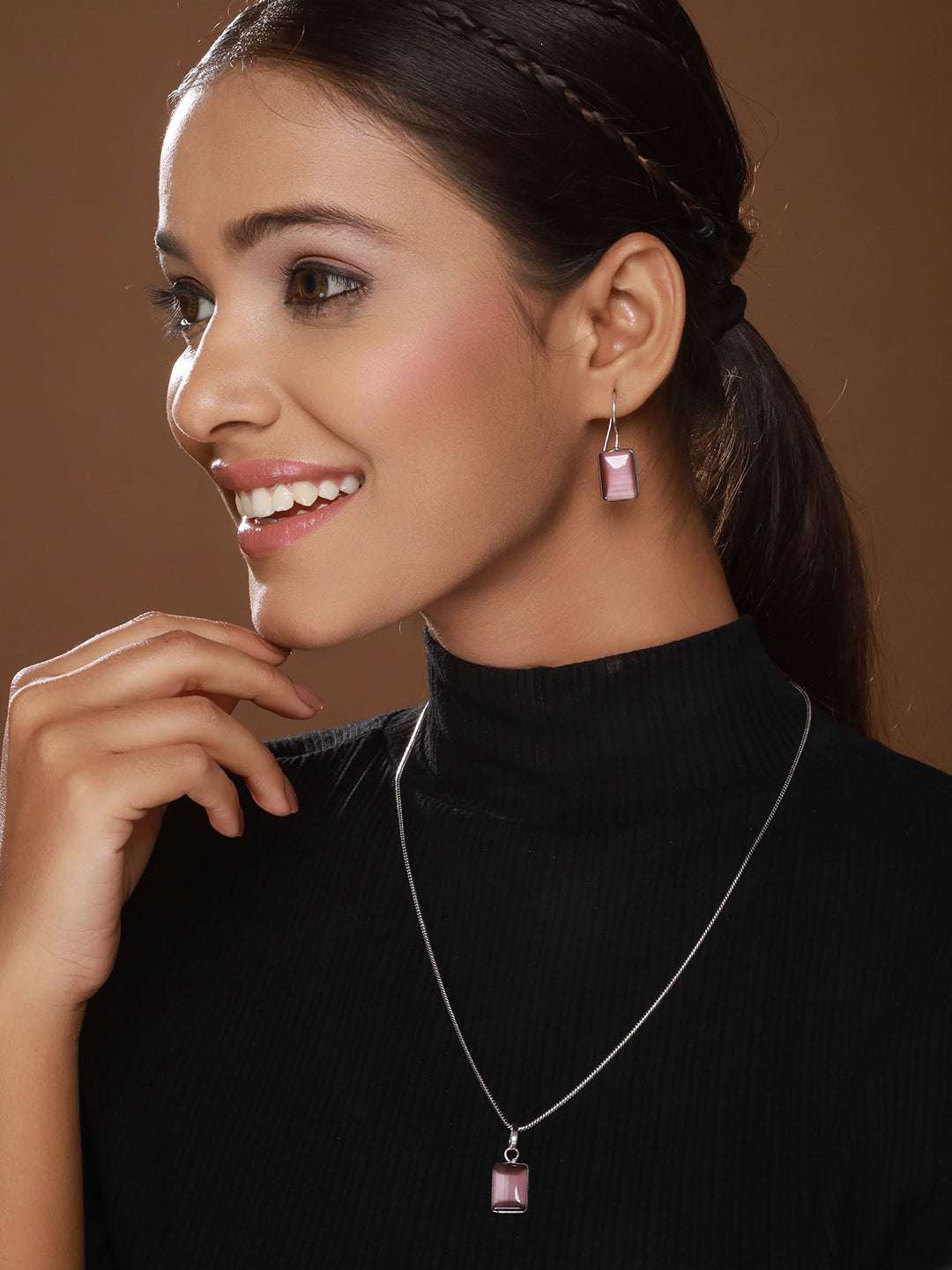 Silver-Plated Pink Stone-Studded Jewellery Set