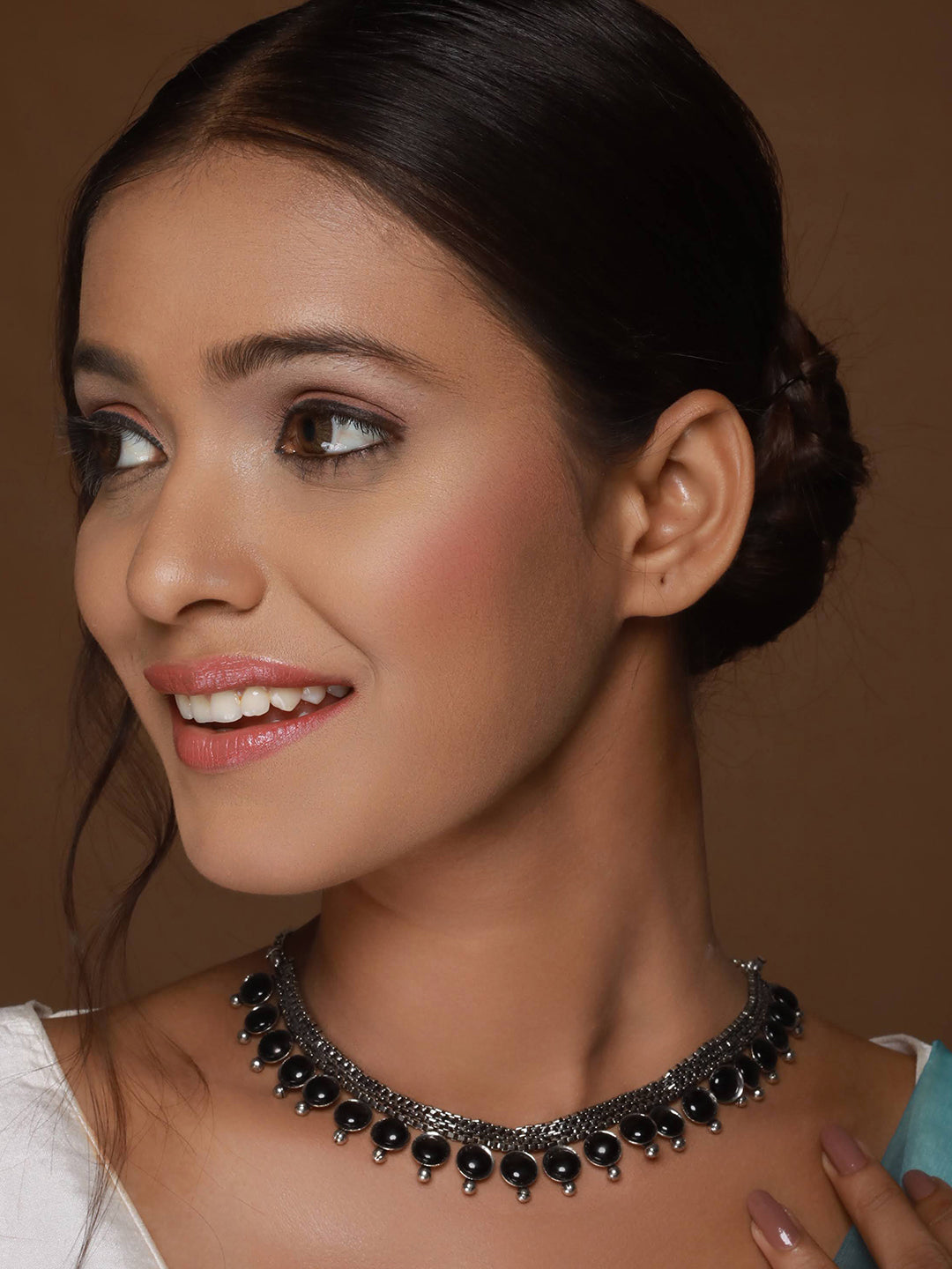 Silver Plated Black Stone Studded Oxidised Necklace