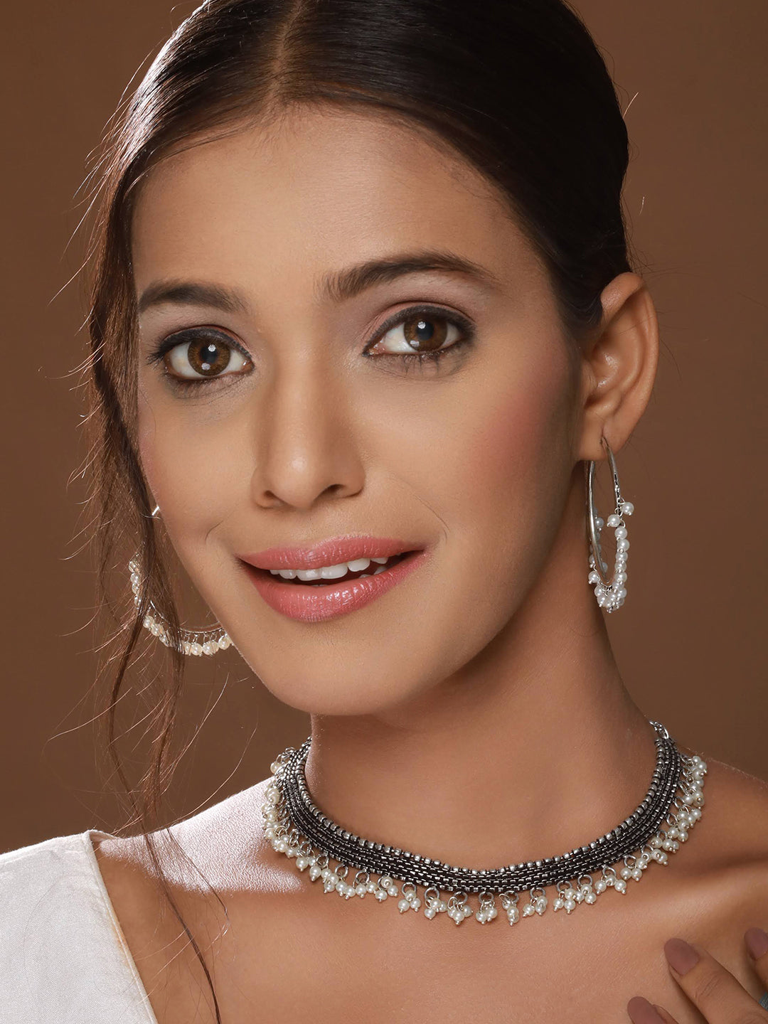 Oxidised Silver Plated & Pearl Beaded Necklace With Hoop Earrings