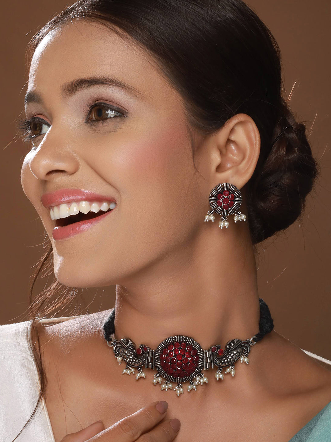 Silver Plated Red Stone Studded & Pearl Beaded Oxidised Peacock Shaped Jewellery Set