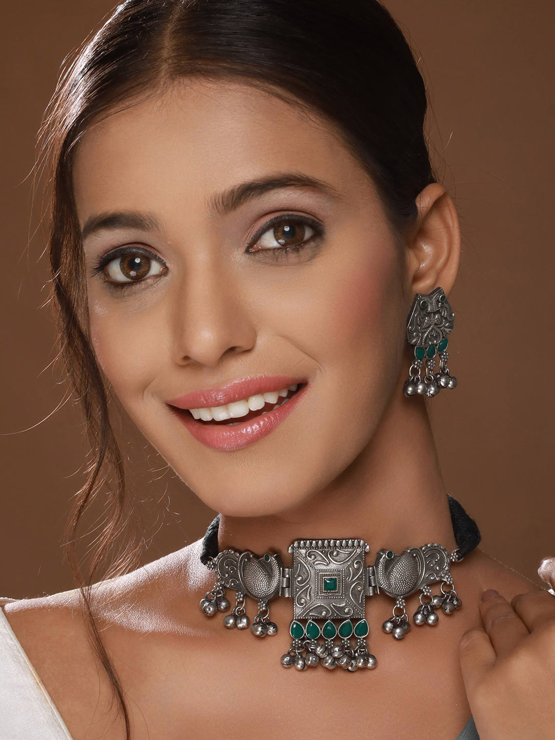Oxidized Silver-Toned Green Stone-Studded & Beaded Peacock Shaped Jewellery Set