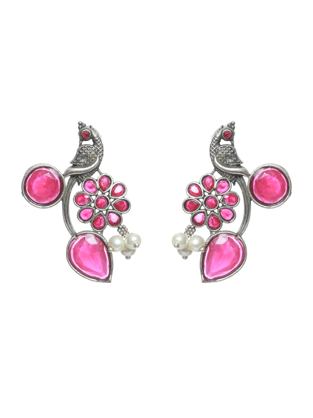 Silver Toned Oxidised-Pink Stone Studded Contemporary Peacock Shaped Drop Earrings