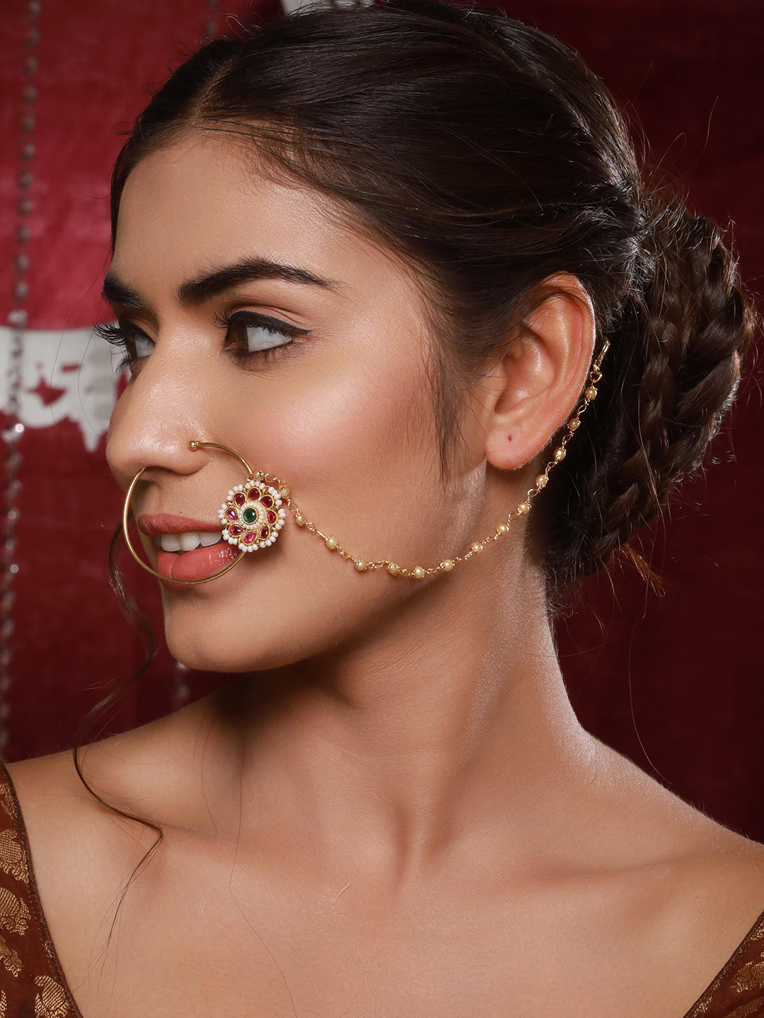 Set Of 2 Gold-Plated Green & White Kundan Studded Flower Clip-On Nosepin
