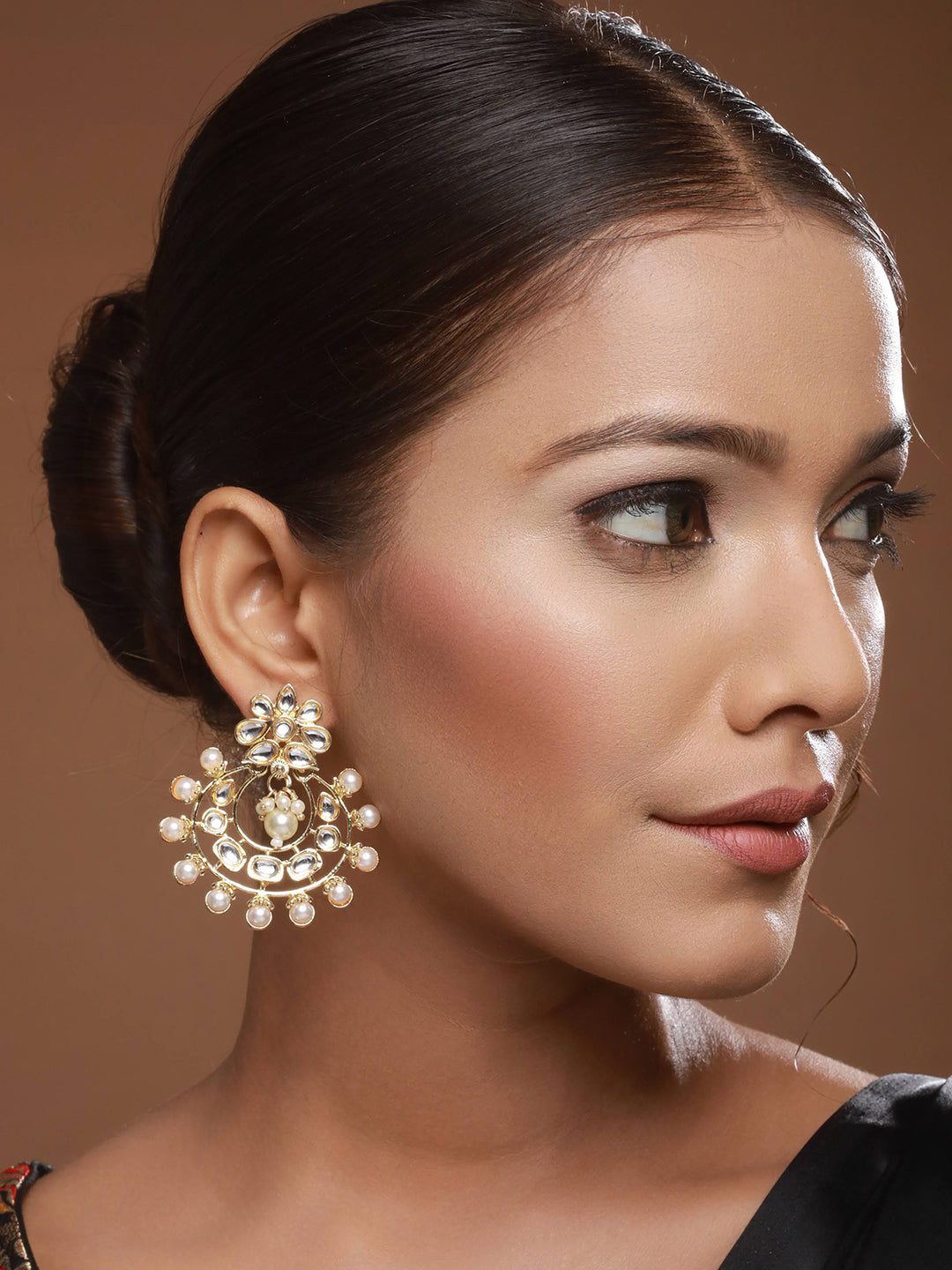 Gold-Plated & White Crescent Shaped Chandbali Earring