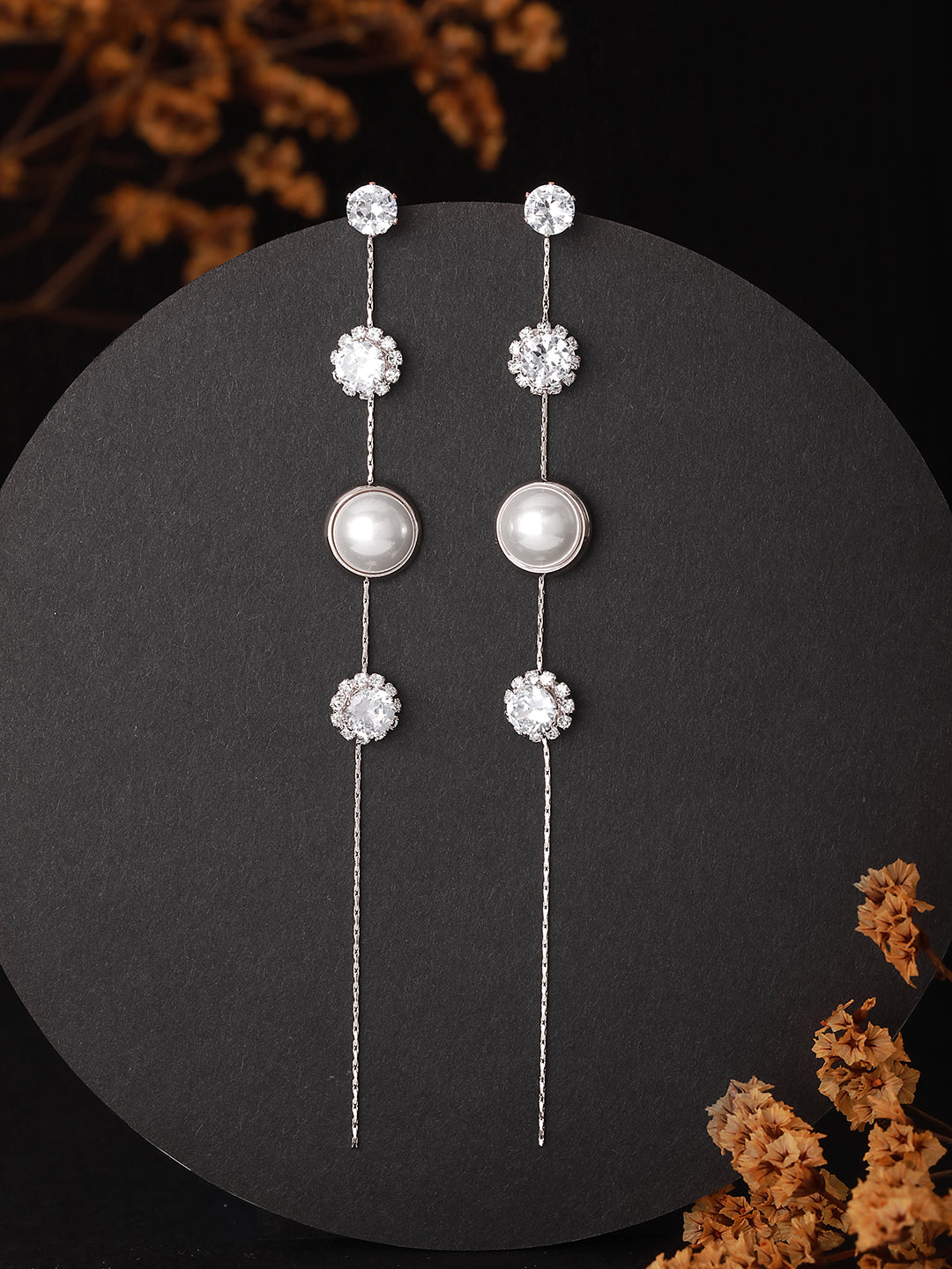 JAZZ AND SIZZLE Silver-Toned Rhodium-Plated CZ Stone-Studded & Pearl Contemporary Drop Earrings