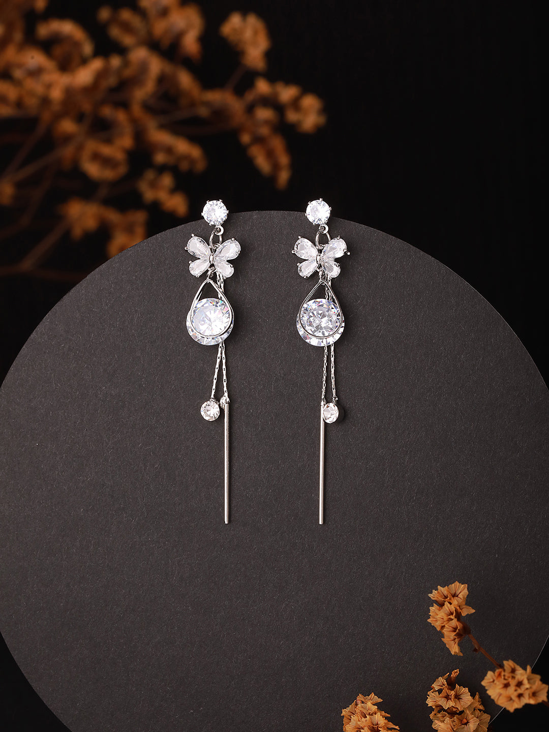 Silver-Toned Rhodium-Plated Cz Stone-Studded Contemporary Drop Earrings