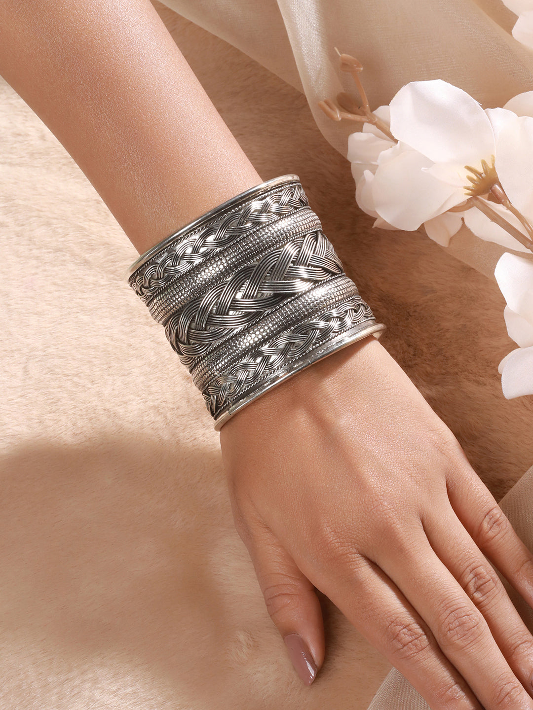 Women Silver-Plated & Textured Oxidised Cuff Bracelet