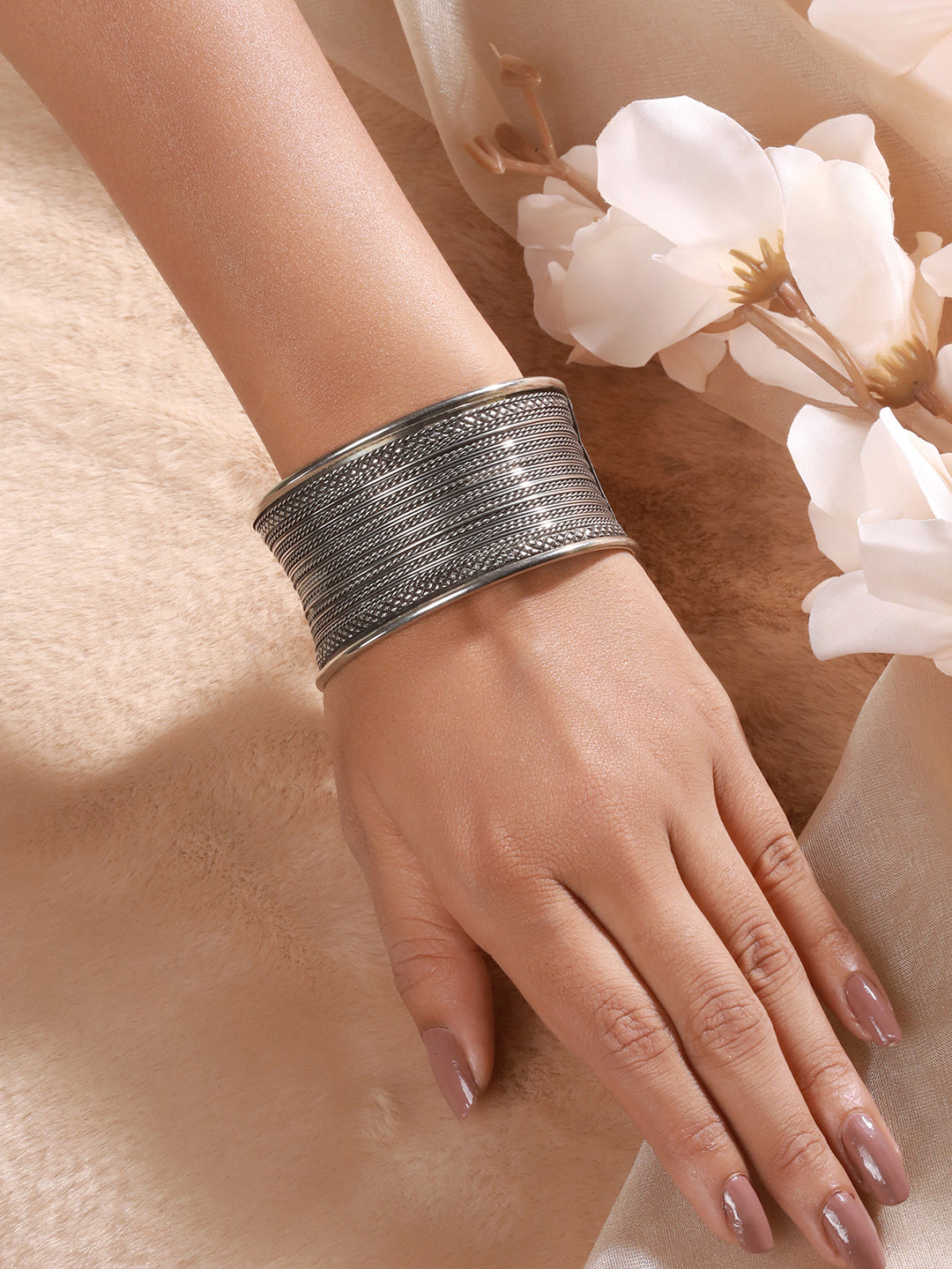 Women Silver-Plated & Textured Oxidised Cuff Bracelet