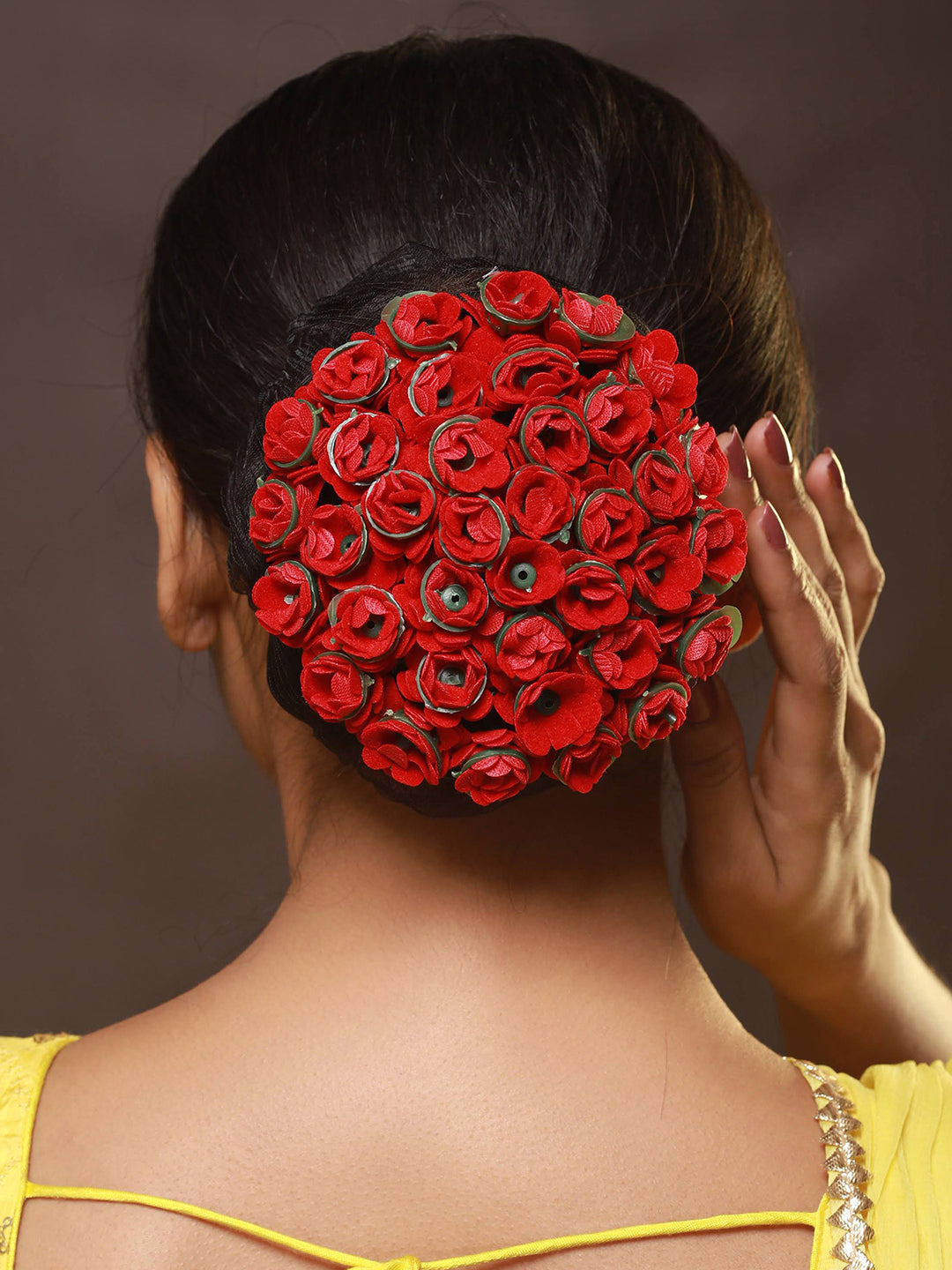 Women Red Rose Artificial Flower Juda Gajra Designed Hair Bun Cover