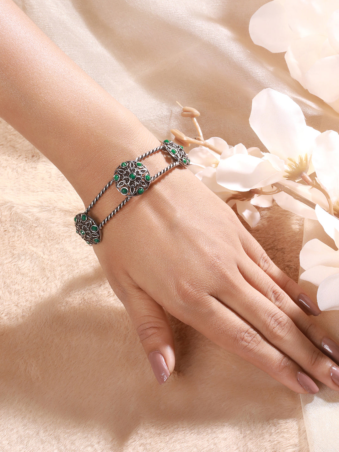 Silver Plated Green Stone Studded Oxidised Handcrafted Cuff Style Bracelet