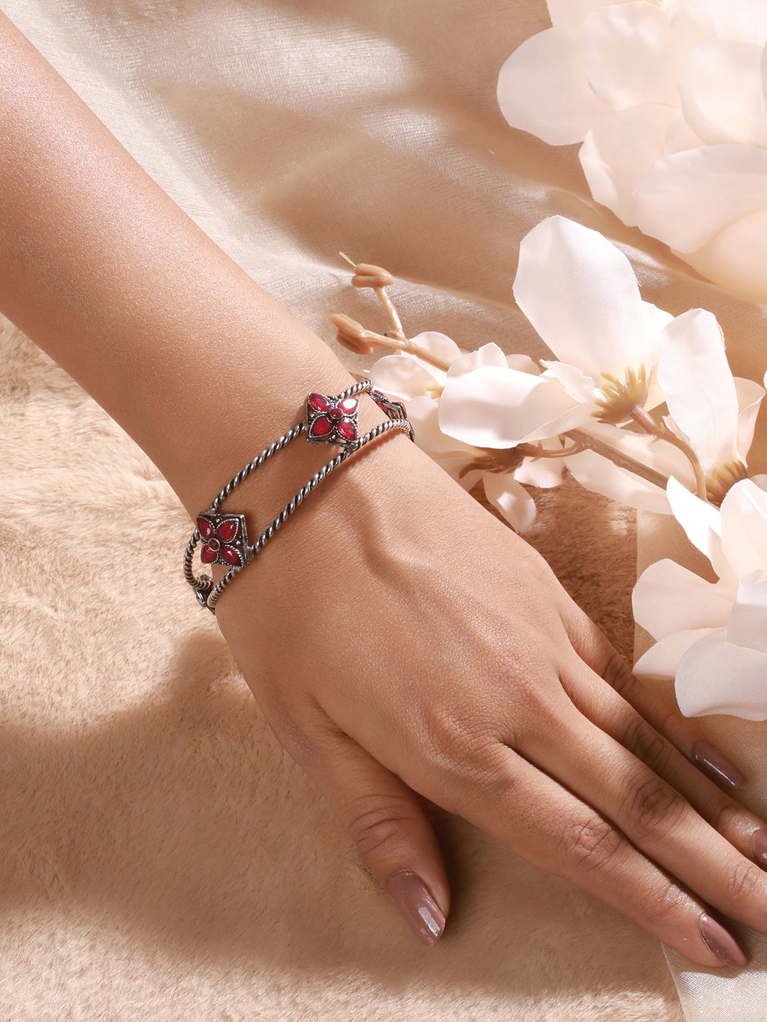 Silver Plated Red Stone Studded Oxidised Handcrafted Cuff Style Bracelet