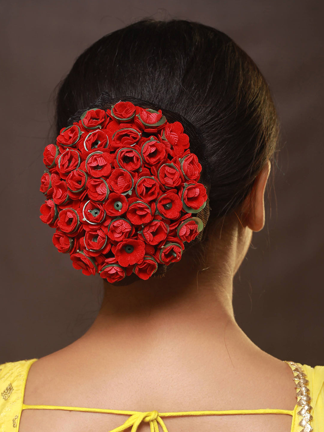 Women Red Rose Artificial Flower Juda Gajra Designed Hair Bun Cover