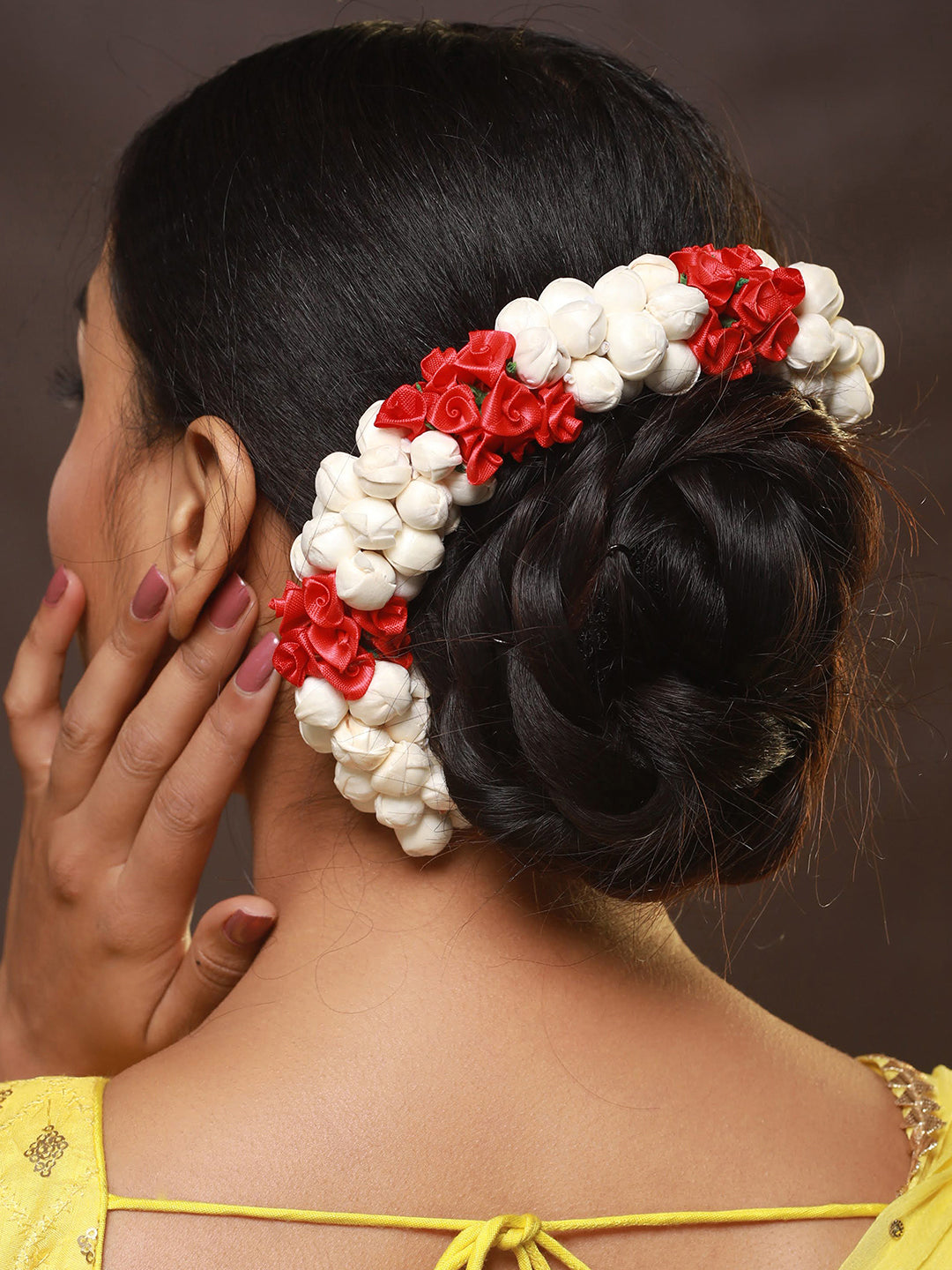 Women Red Rose & White Mogra Artificial Flower Gajra Floral Hair Bun