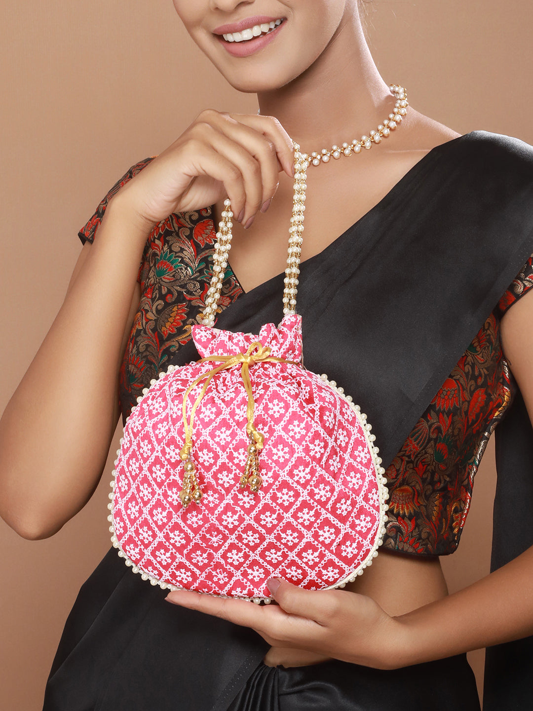 Jazz And Sizzle Festive Wedding Pink & White Embroidered Potli Clutch