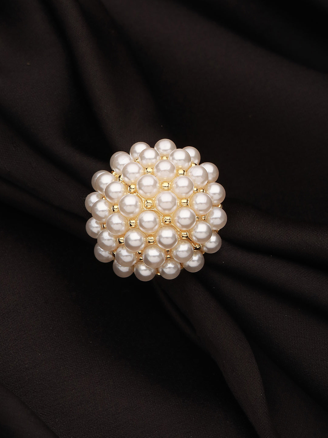 Gold-Plated Artificial Pearls Studded Flower Design Adjustable Finger Ring