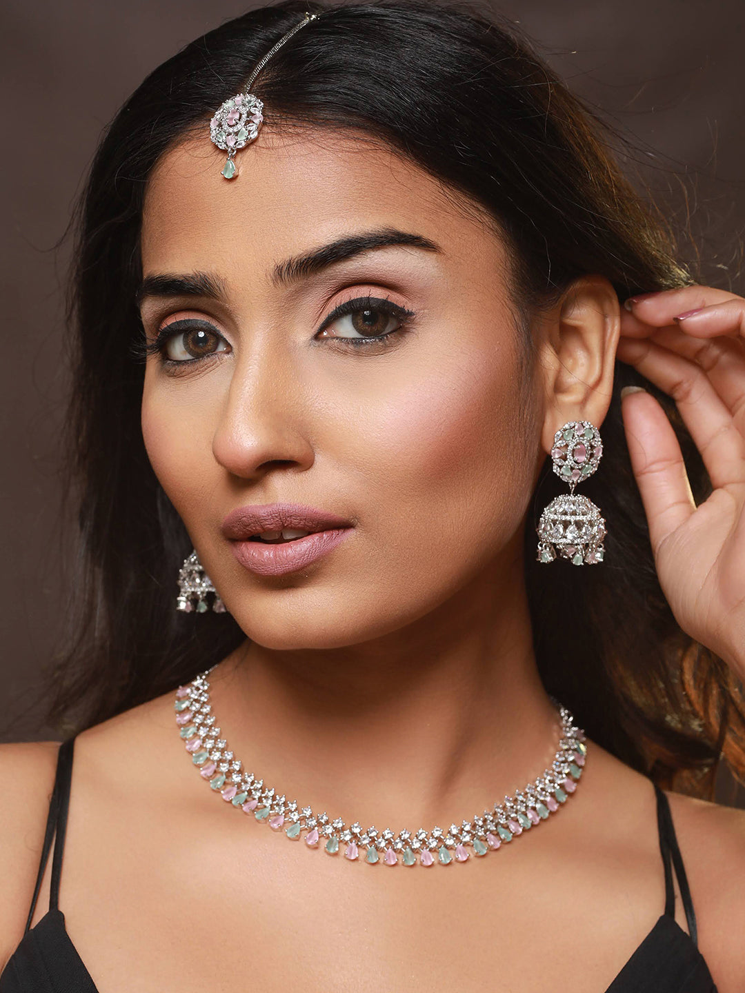 Silver Plated Pink & Mint Green American Diamond Studded Handcrafted Necklace Set With Maangtikka
