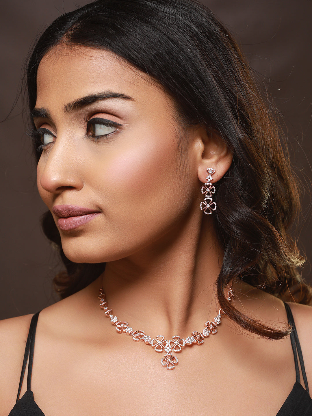 Rosegold-Plated Rose Gold Cz Studded Floral Jewellery Set