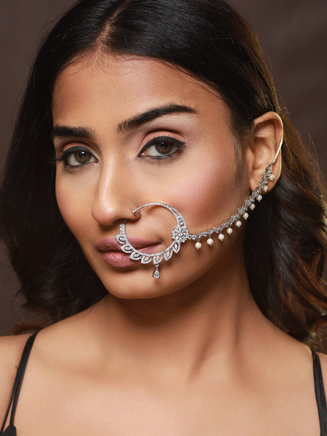 Silver Plated White Floral American Diamond Studded Handcrafted Nose Ring With Pearl Drop Chain