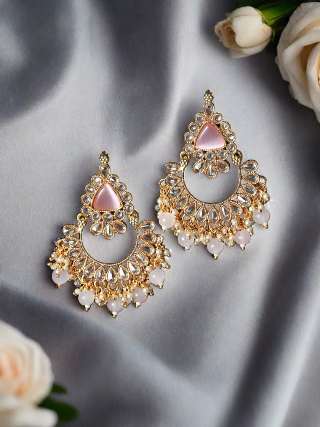 White Kundan Studed & Pink Stone,Gold Plated Chandbali Earrings