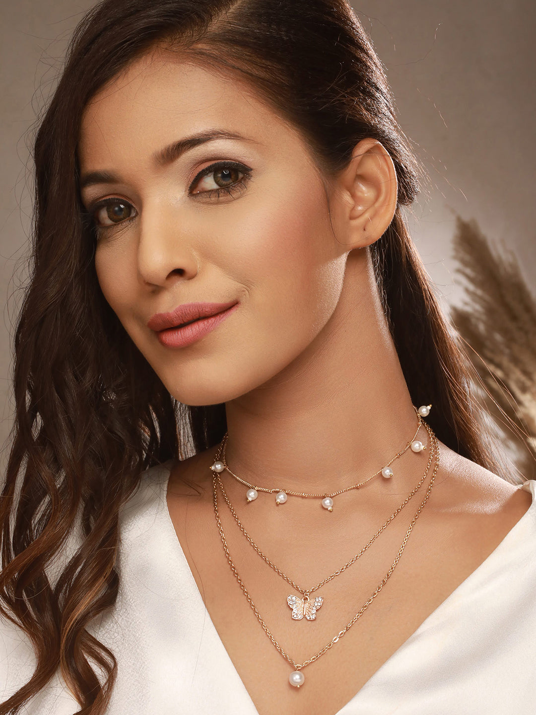 Gold-Plated Butterfly & Pearl Hanging Layered Necklace