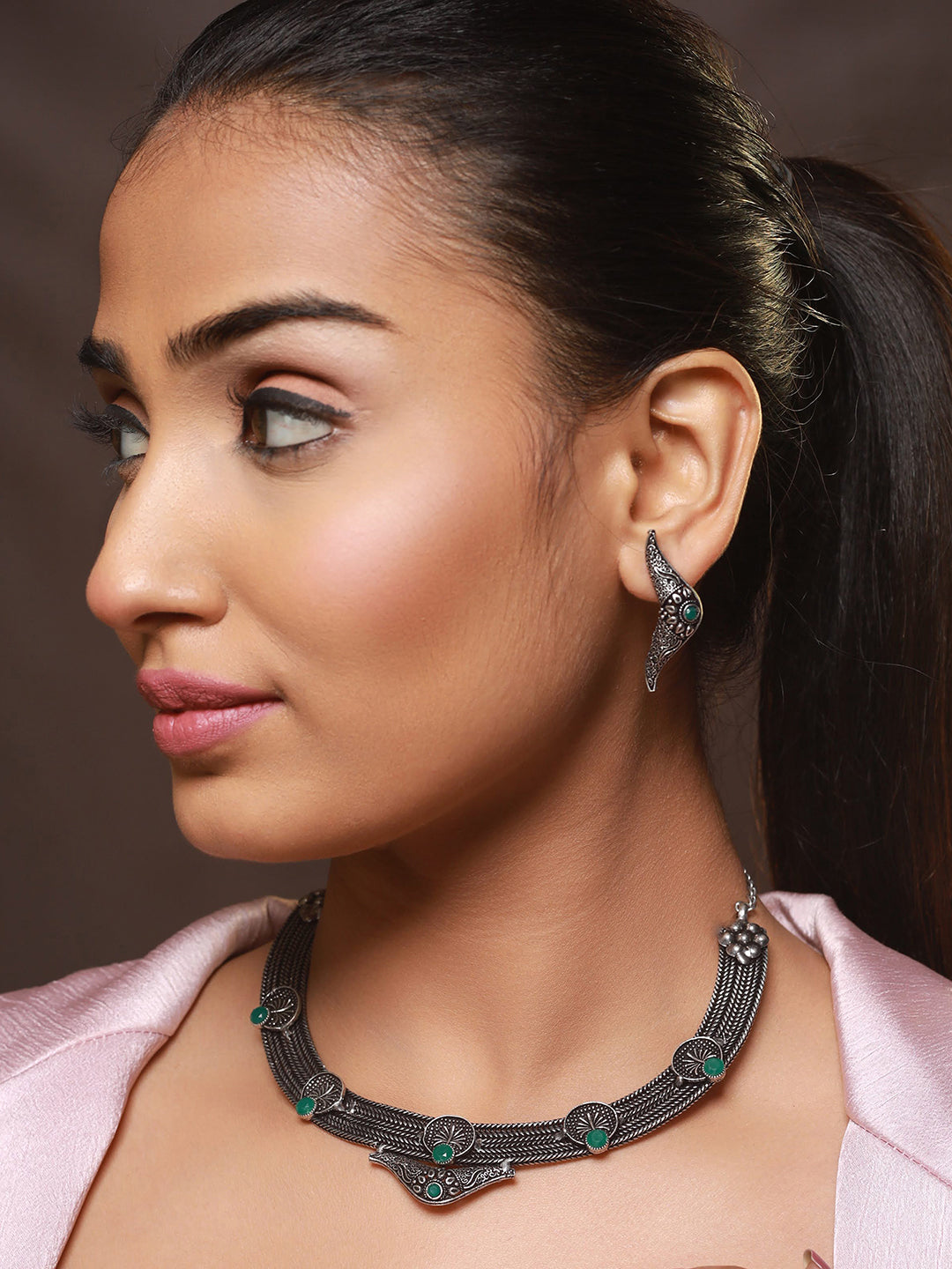 Oxidised Silver-Tone Green Stone Studded Filgree Jewellery Set